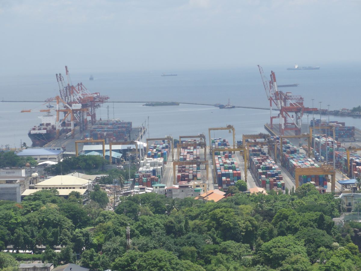 Aerial view of the container yard and berths at the Manila International Container Terminal